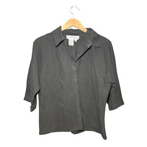 Galinda Wang Black 100% Silk 3/4 Sleeve Collared Button Down Blouse Size 8